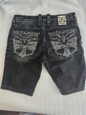 Rock Revival Black Washed Embroidered Men's Jean Shorts. Like New